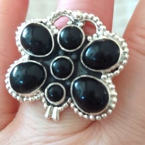 Sterling Silver Large Adjustable Butterfly Ring Black Onyx 5-10